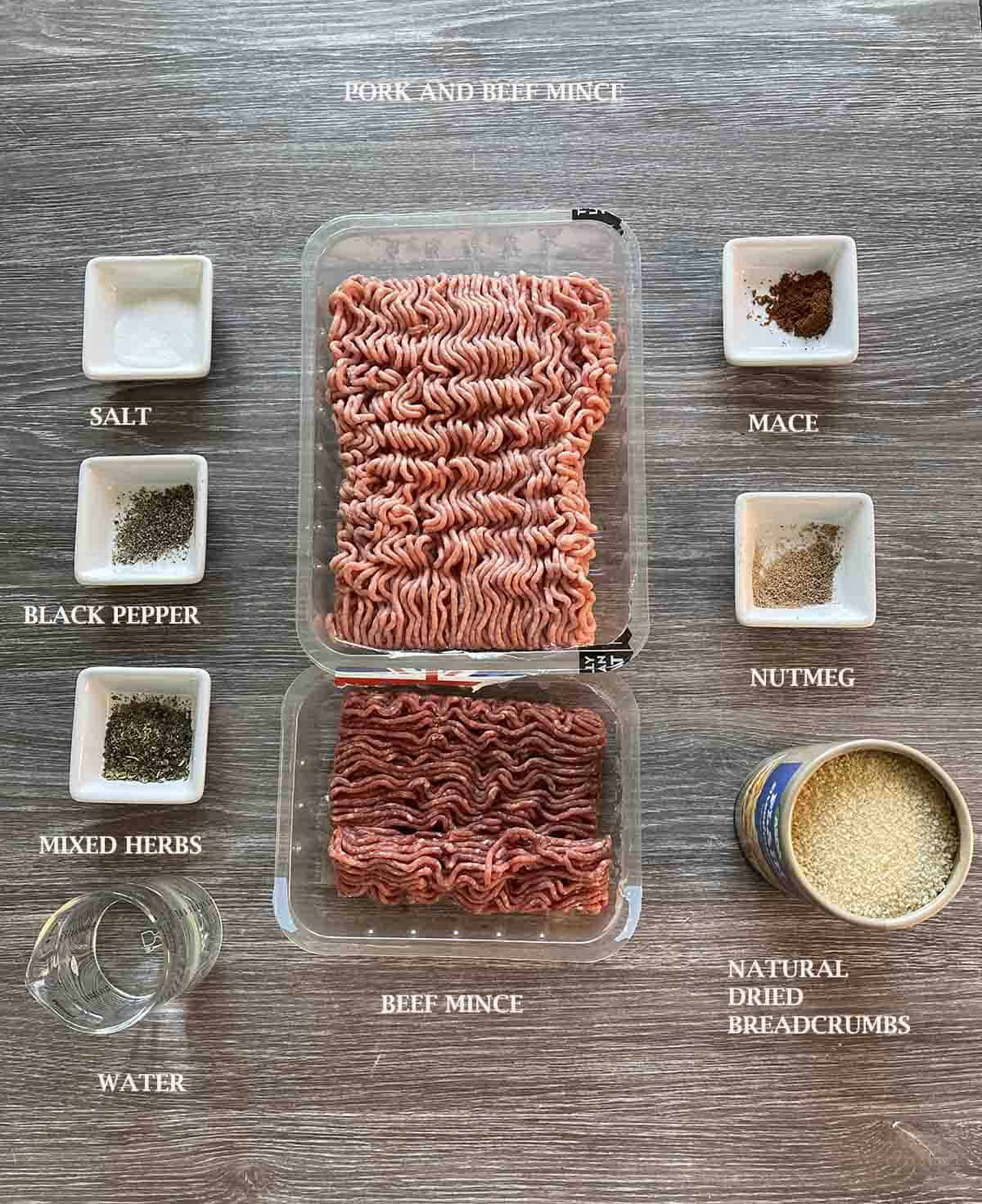 ingredients including pork and beef mince and spices.