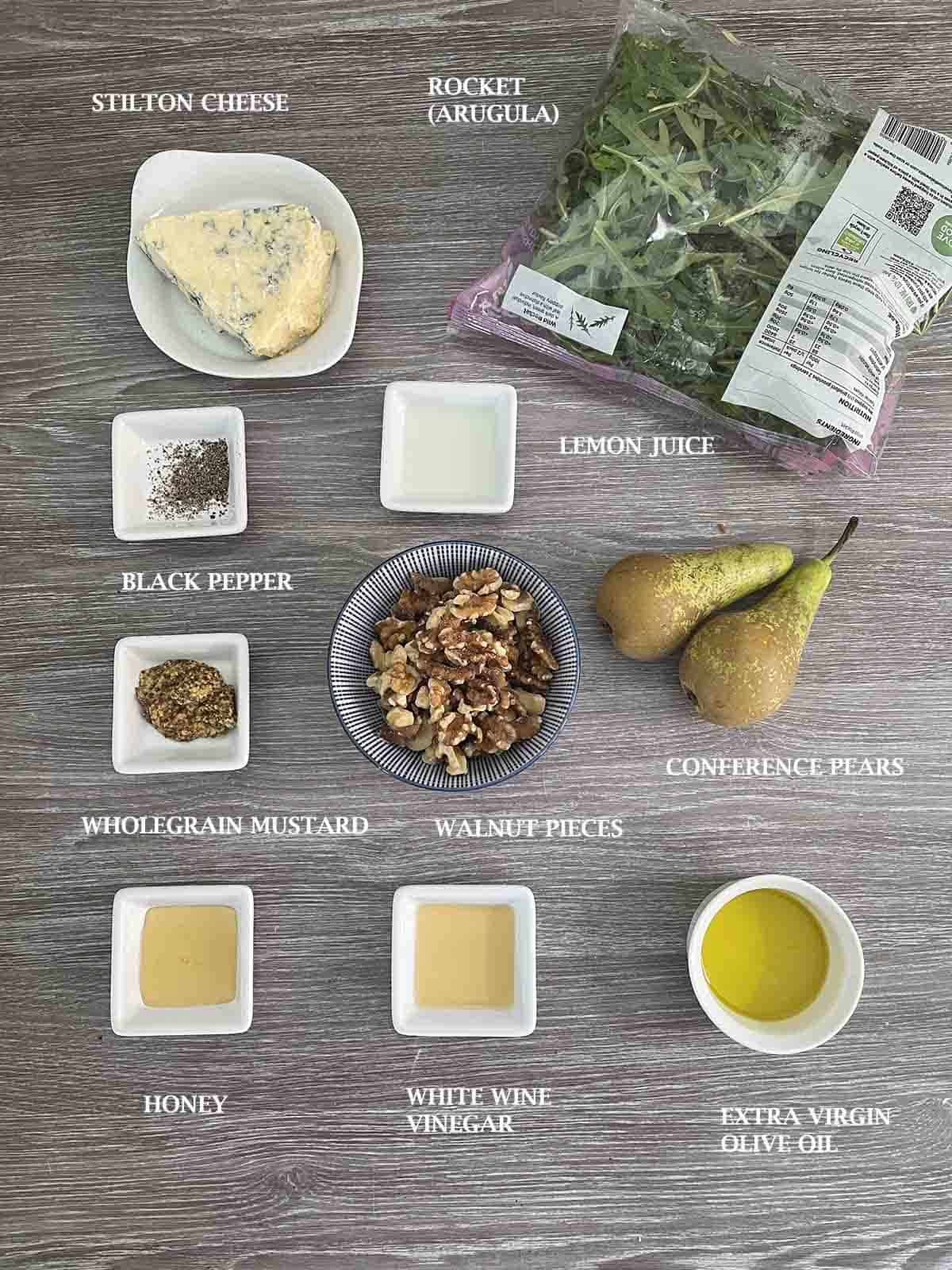 ingredients including pears, walnuts and rocket.