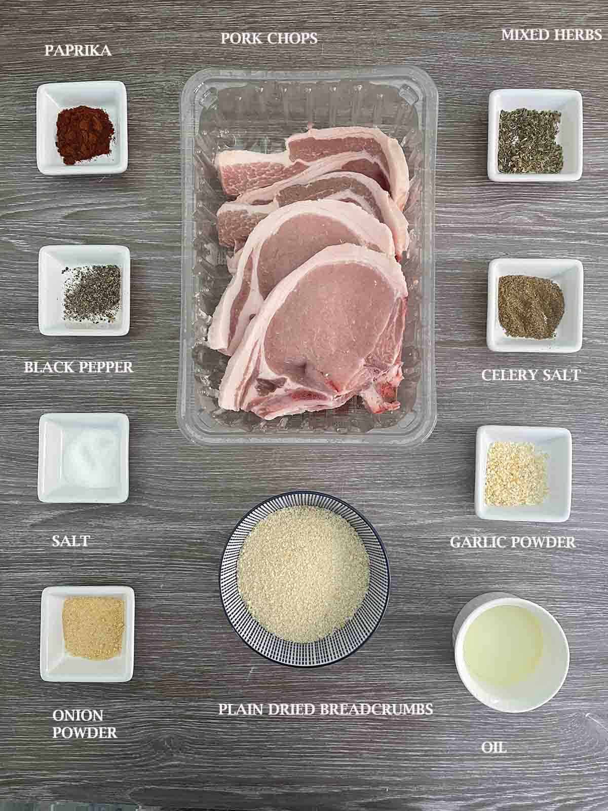 ingredients including pork chops, breadcrumbs and spices.