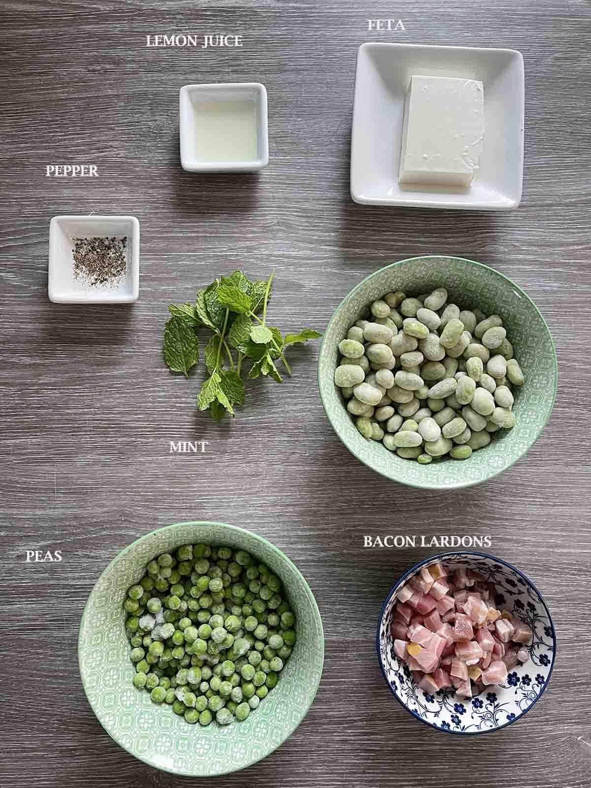 ingredients including broad beans, peas and bacon.