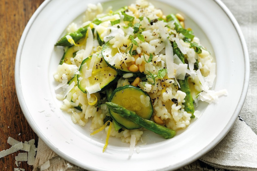 Courgette And Asparagus Risotto With Pine Nuts, Basil