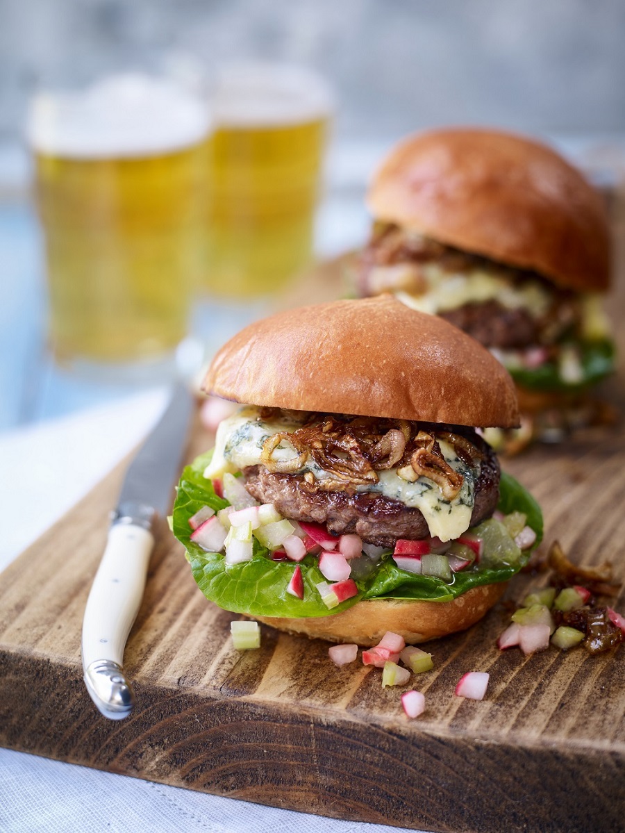 Blue Cheese Beef Burger With A Celery And Radish Salsa And Caramelised Shallots