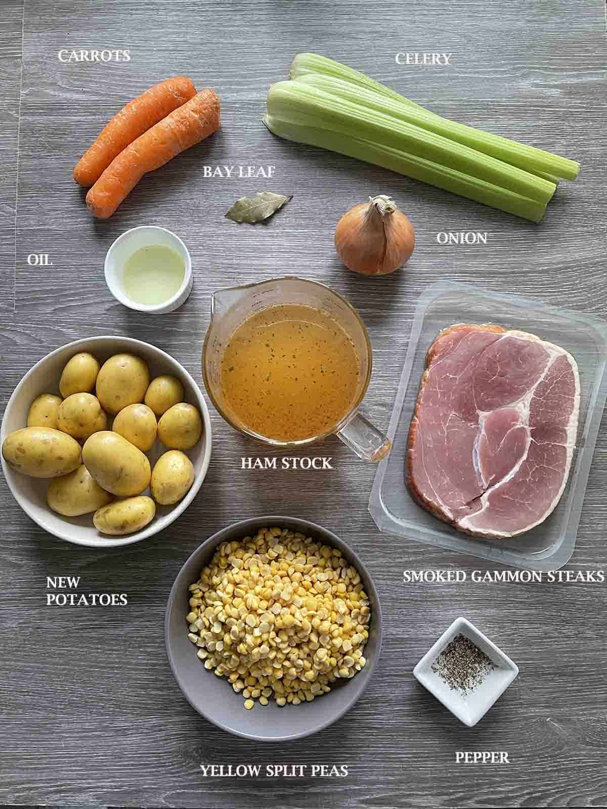 ingredients including gammon, split peas, celery and carrots.