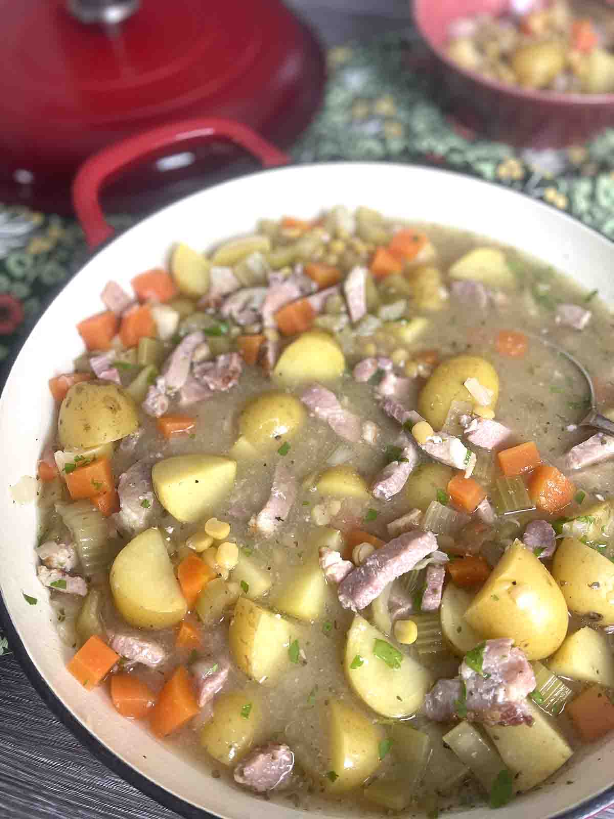 close up of pea and ham stew.