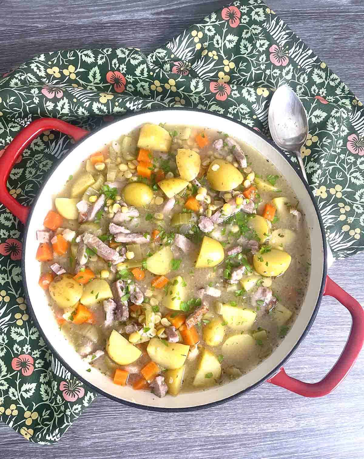 pea pottage stew in a serving dish.