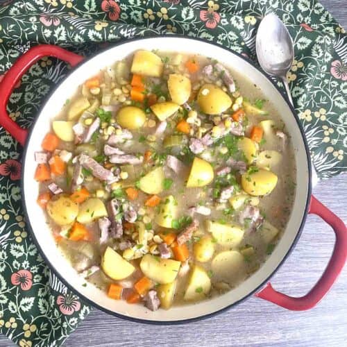 pea pottage stew in a serving dish.