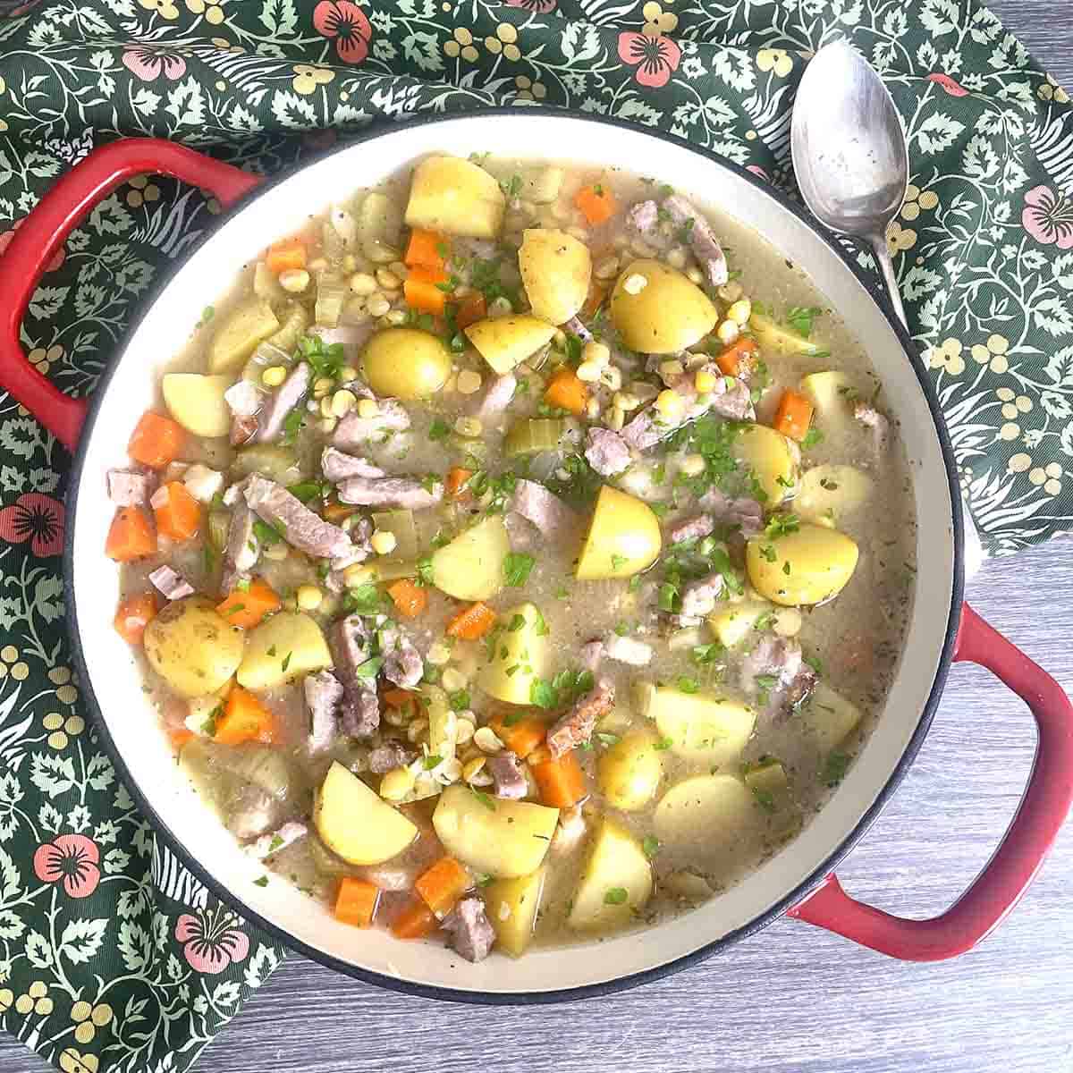 pea pottage stew in a serving dish.