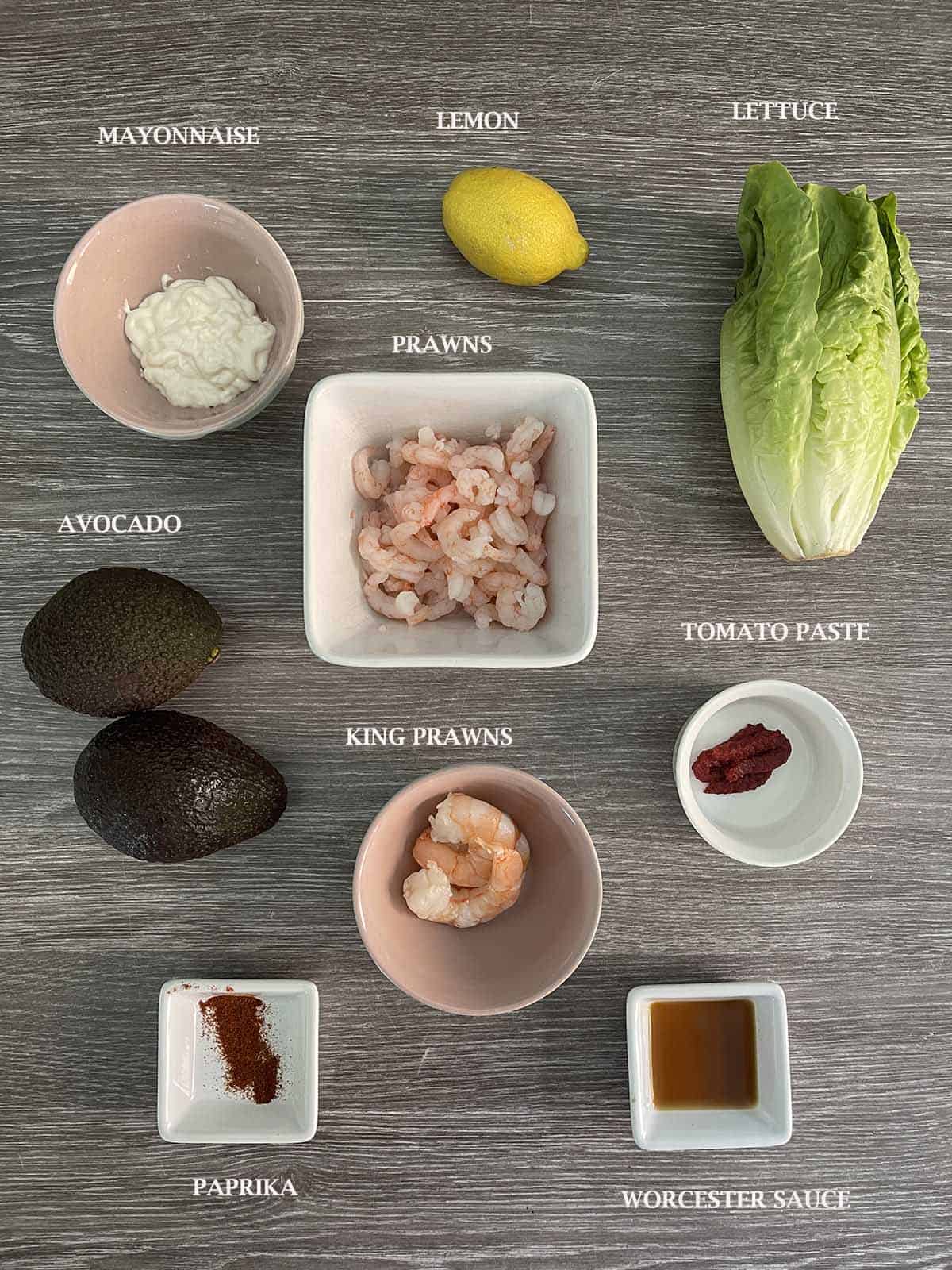 ingredients including prawns, lettuce and avocado.