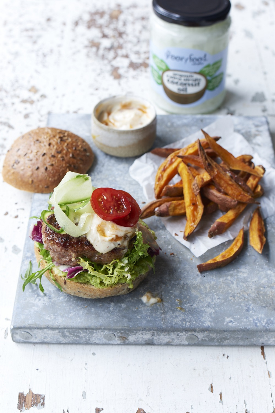 The Groovy Food Company Turkey Burgers with Avocado, Mango Yoghurt And Sweet Potato Fries
