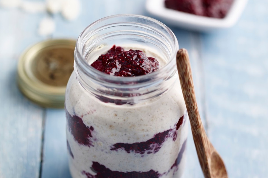 Overnight Cardamom And Coconut Oats With Chia Jam