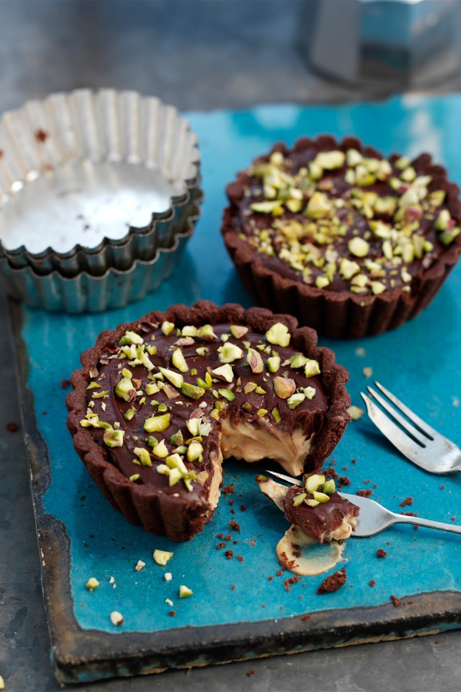 Pistachio Chocolate Tart with Caramel Mascarpone And Ganache