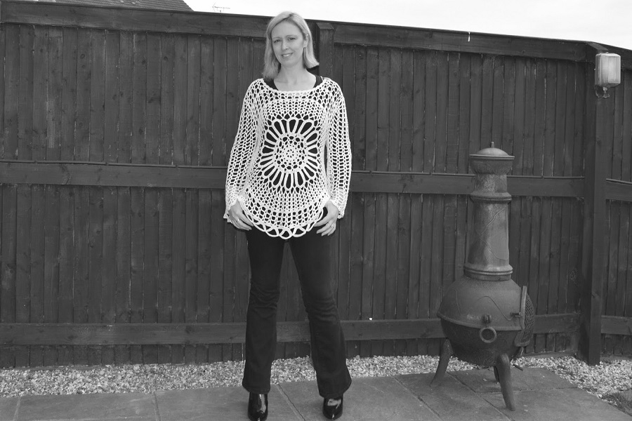 White Lacy Knitted Top, Black Jeans And Heeled Boots: White Lacy Knitted Top, Black Jeans And Heeled Boots