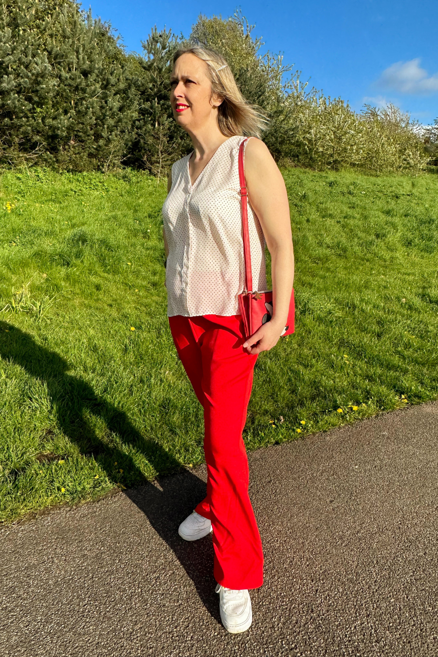 How To Rock Red Trousers And Polka Dots