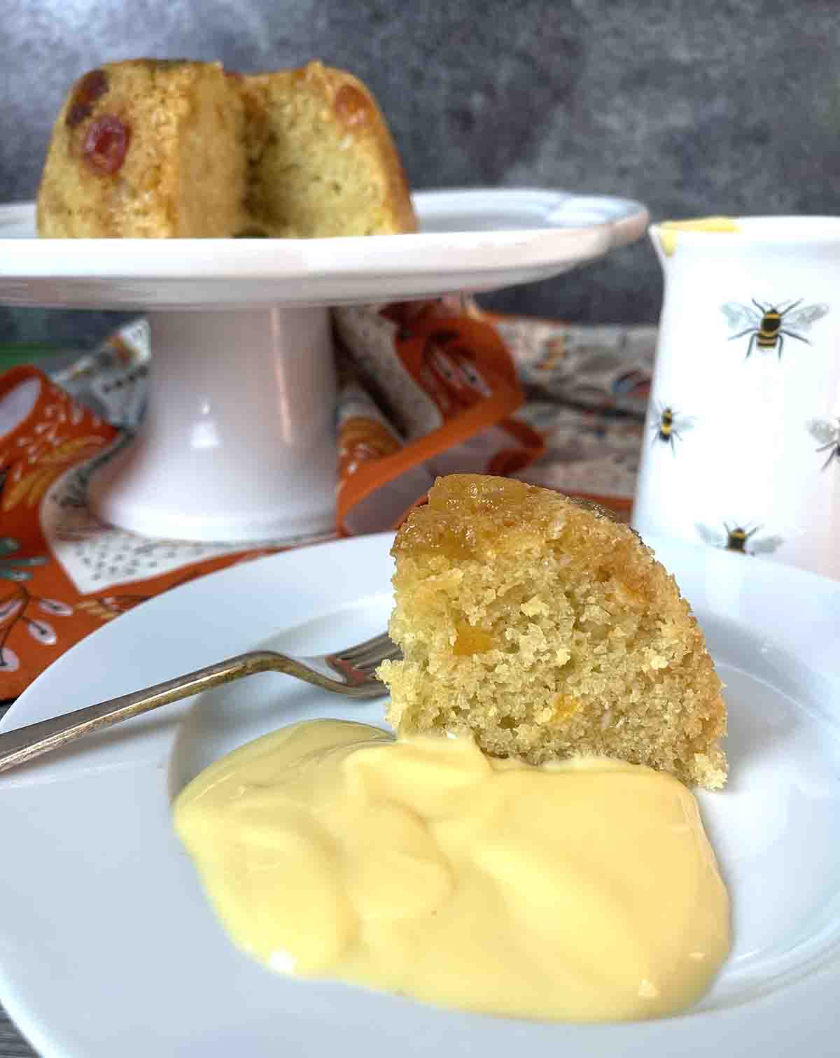 slice of pudding with custard.