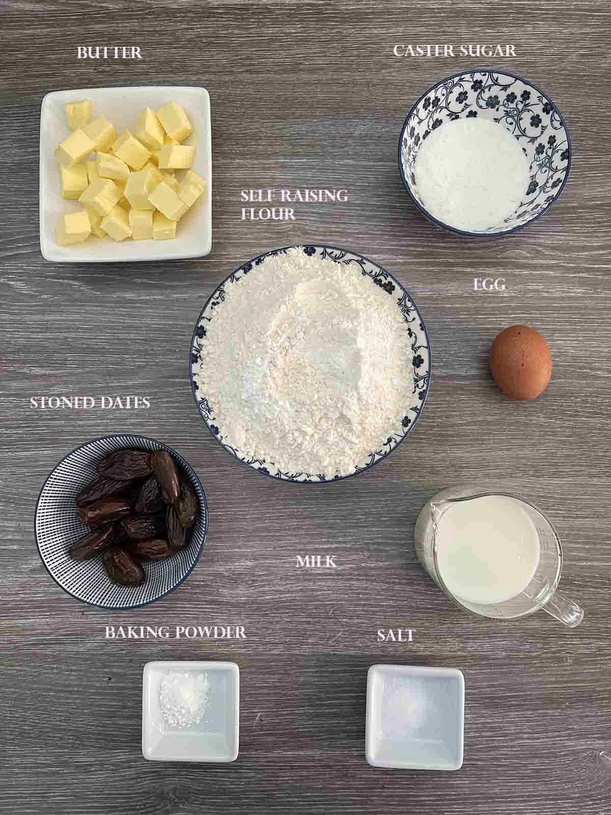 ingredients including dates, flour, butter, milk and sugar.