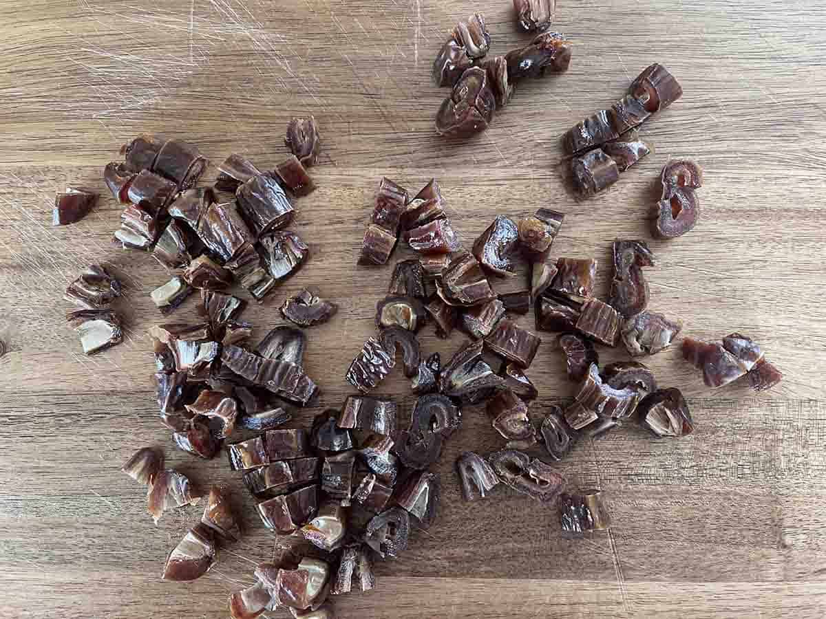 chopped dates on a board