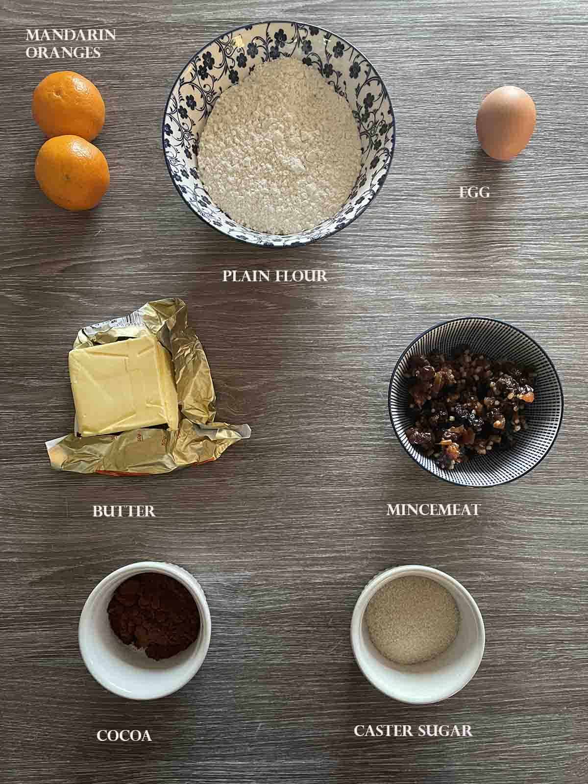 ingredients including mincemeat, flour, sugar and butter.