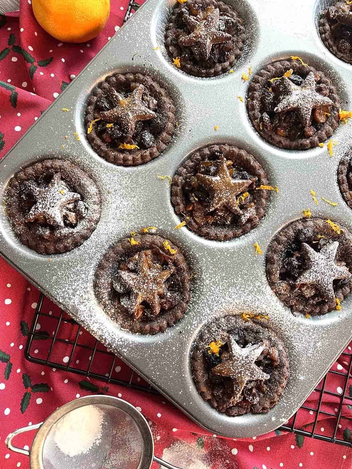 close up or orange chocolate mince pies.