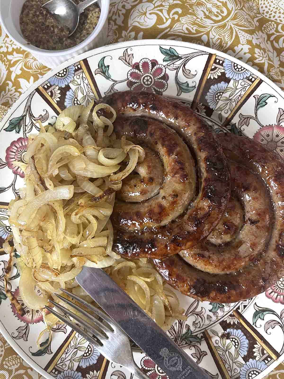 sausages with caramlised onions.