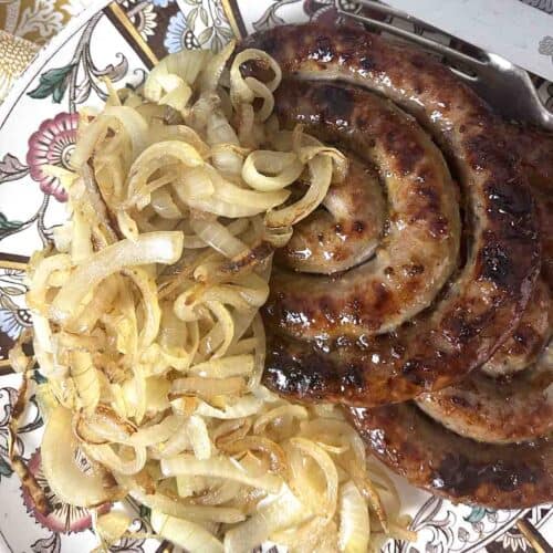 cumberland sausage ring with caramelised onions.