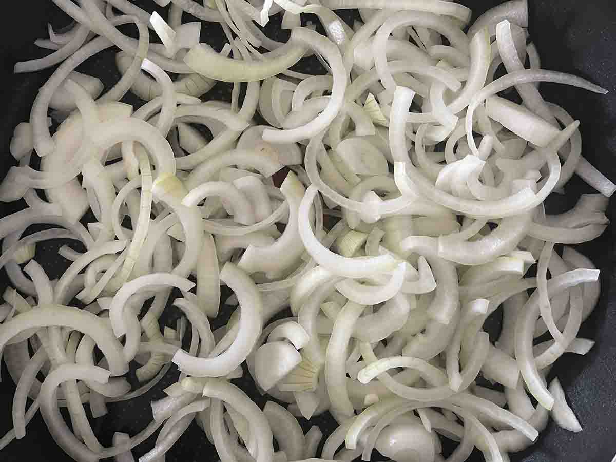 onions in a frying pan.