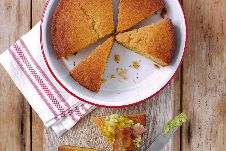 Golden Cornbread with Smashed Avocado and Crispy Bacon 