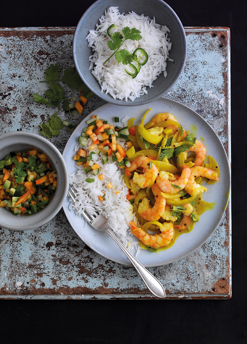 King Prawn Curry With Spanish Persimon Kachumber. King Prawn Curry With Spanish Persimon Kachumber