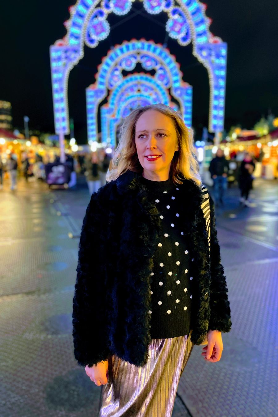 Polka Dot Jumper And Metallic Pleated Skirt