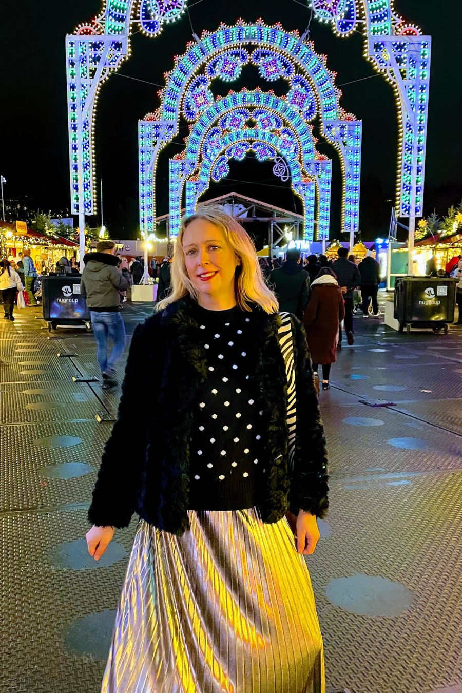 Polka Dot Jumper And Metallic Pleated Skirt