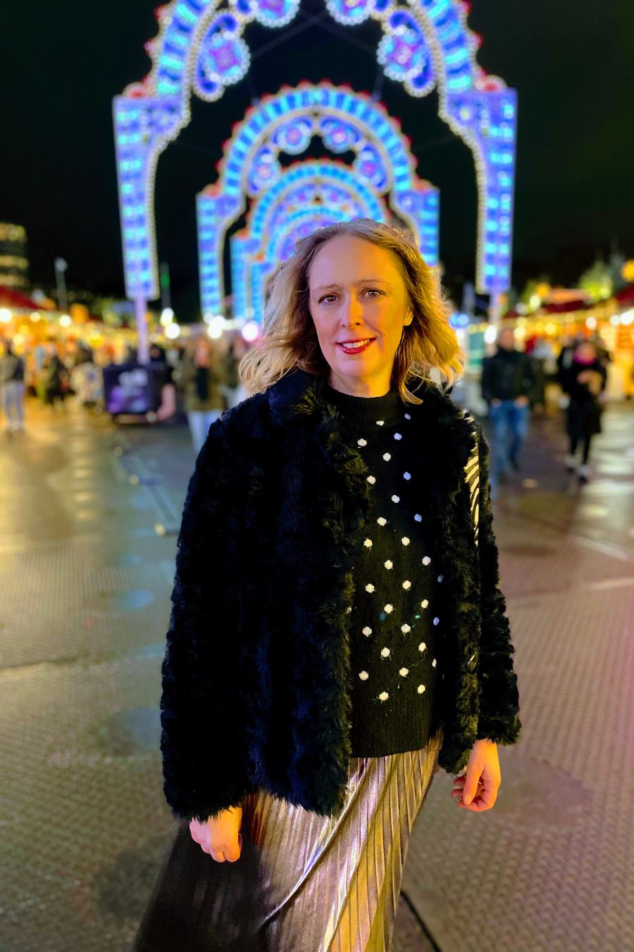 Polka Dot Jumper And Metallic Pleated Skirt