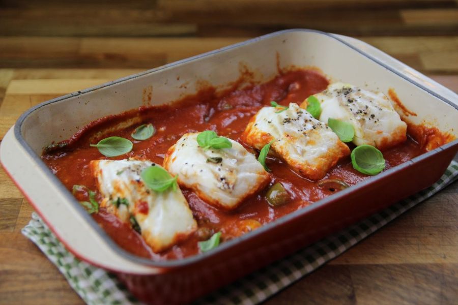 Baked Cod with Tomato and Olive Sauce