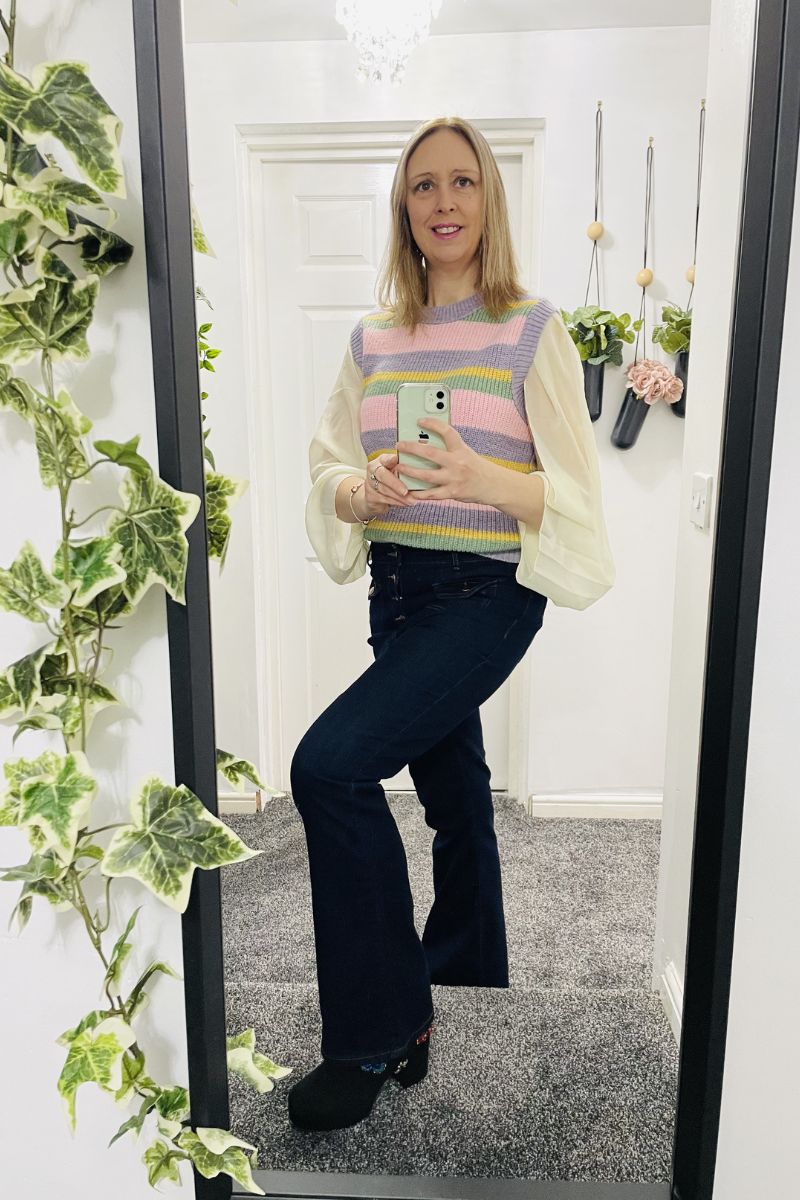 Flared Jeans With Stripy Knitted Vest Top And Platform Boots Flared Jeans With Stripy Knitted Vest Top And Platform Boots