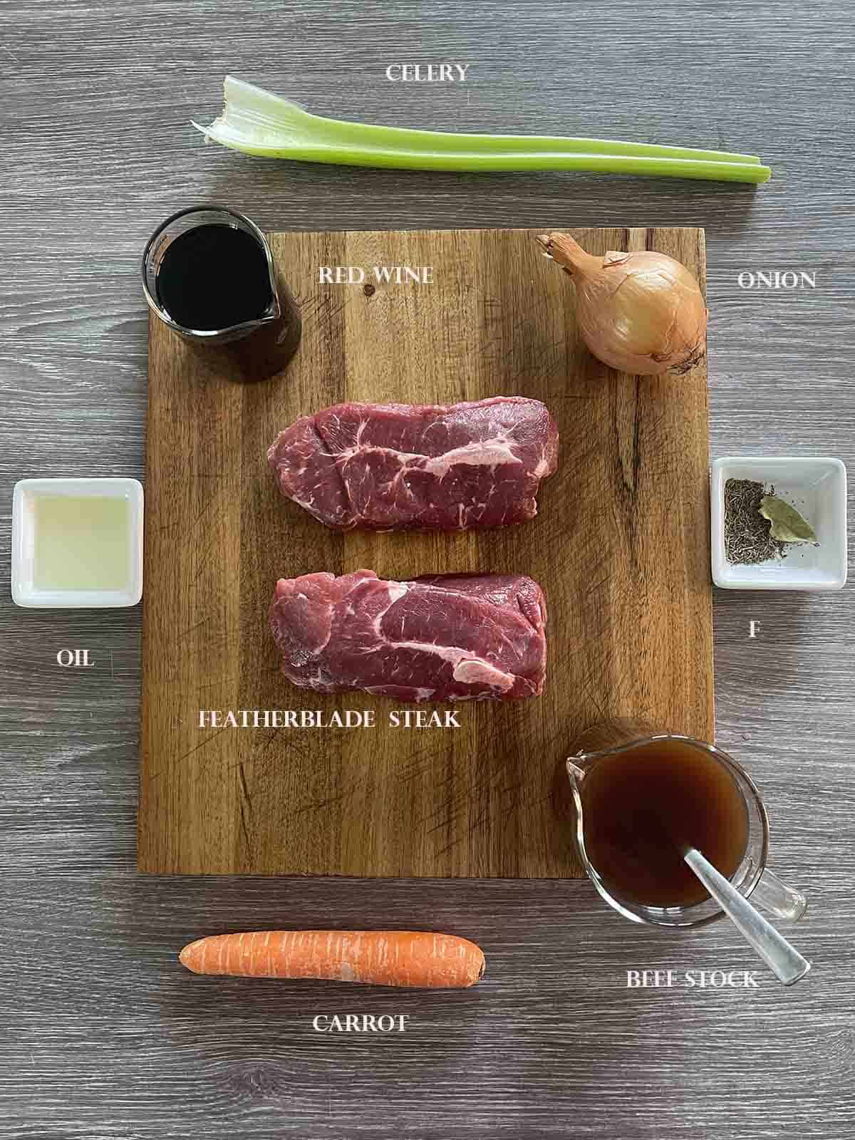 ingredients including steak, ionions, celery carrot and red wine.