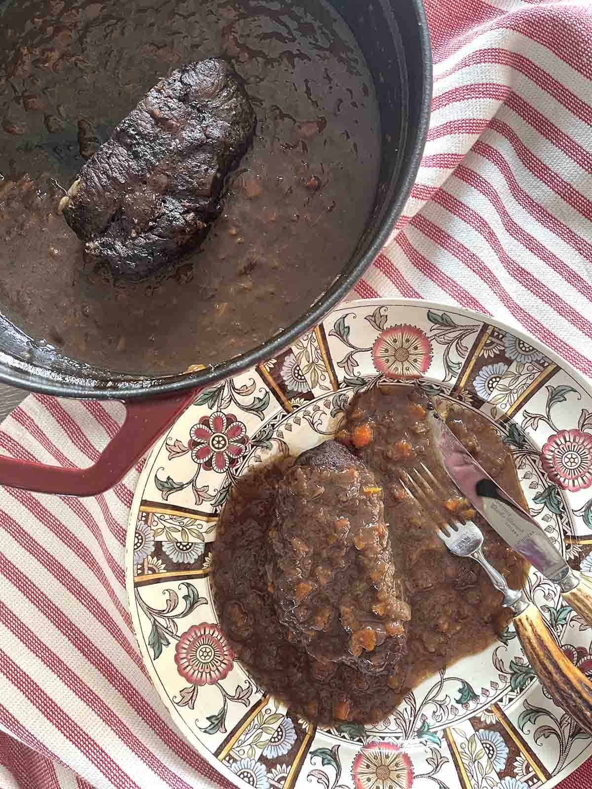 braised featherblade steak on a plate.