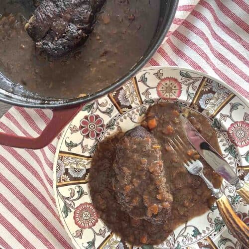 braised featherblade steak on a plate.