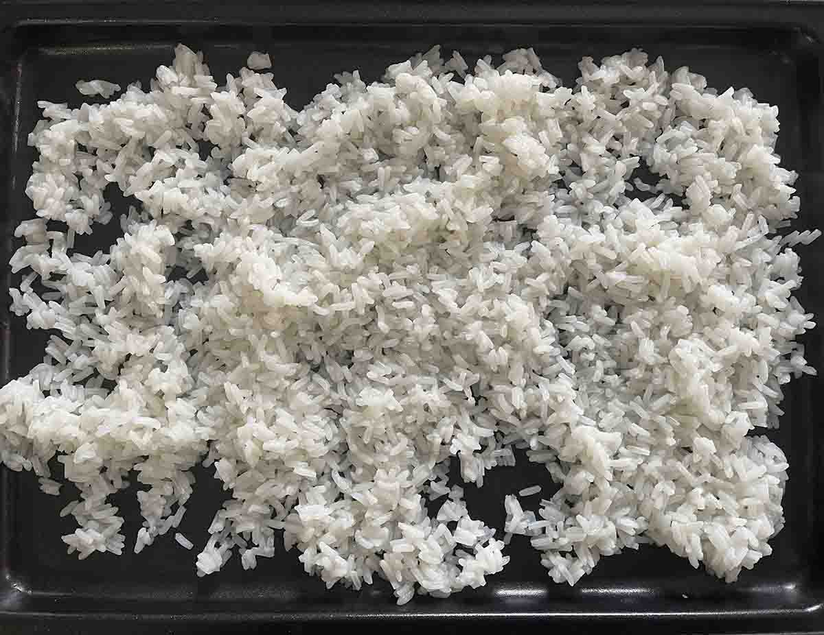 cooked rice on a tray.