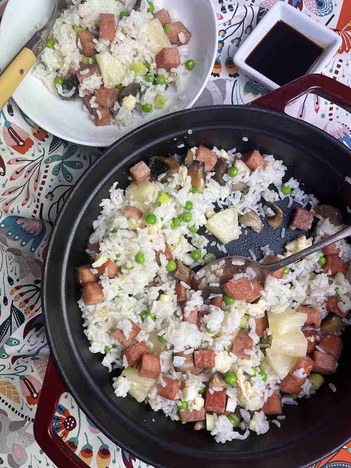 fried rice with spam and pineapple.