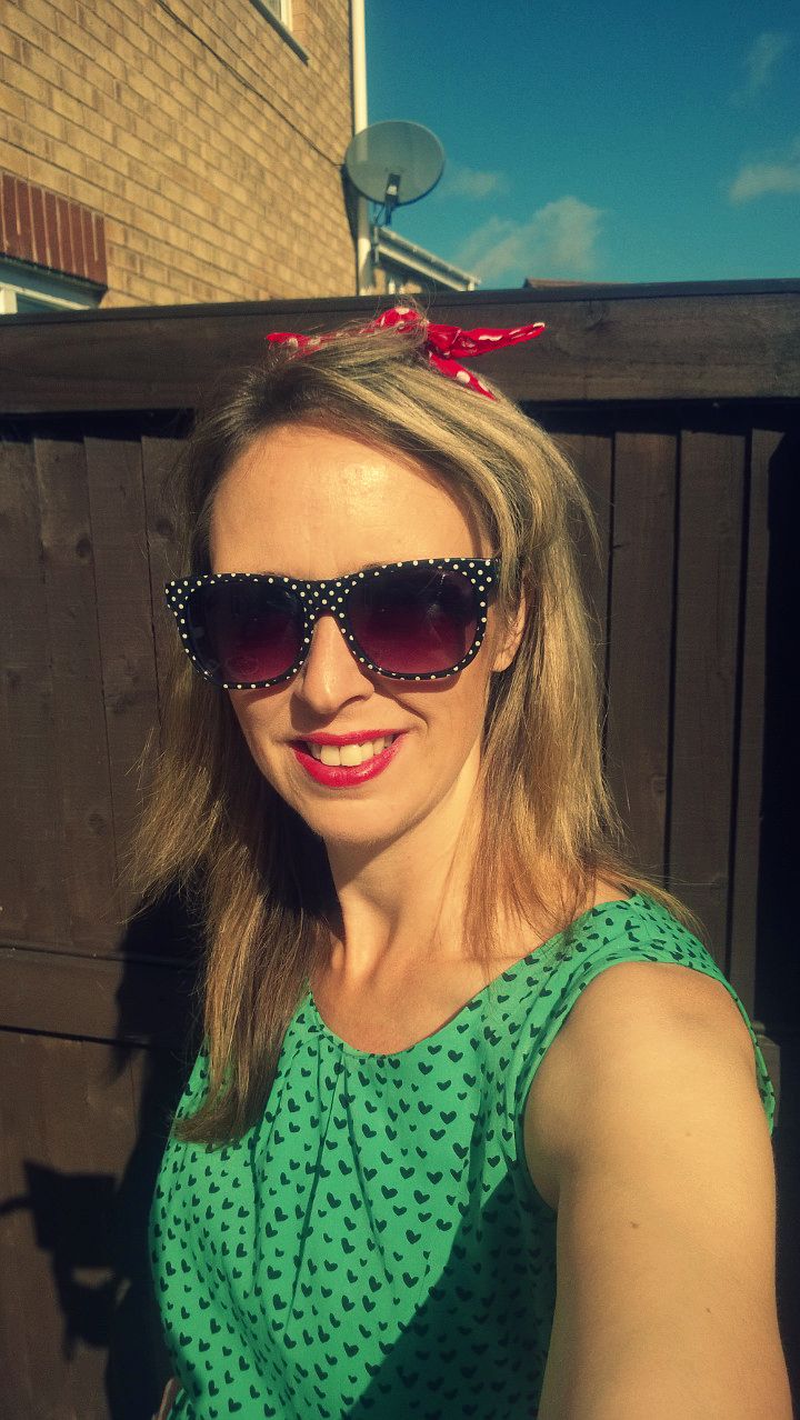 Green Heart Dress And Red Polka Dot Hair Scarf