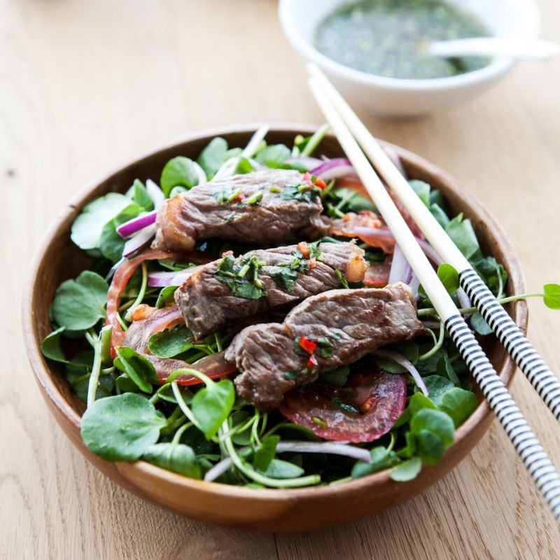 Asian-Style Warm Beef and Watercress Salad with Nuoc Cham Dressing