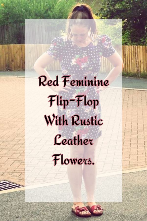 Red Feminine Flip-Flop With Rustic Leather Flowers