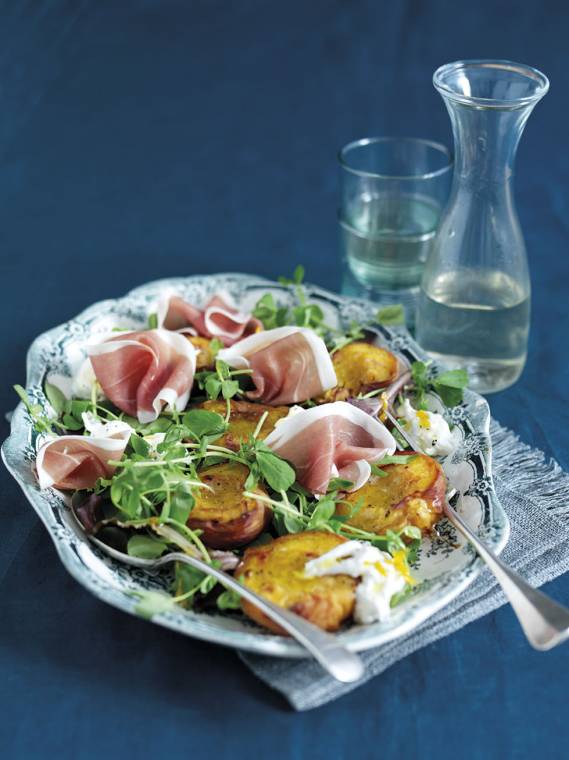 Parma Ham And Burrata Salad With Roasted Peaches