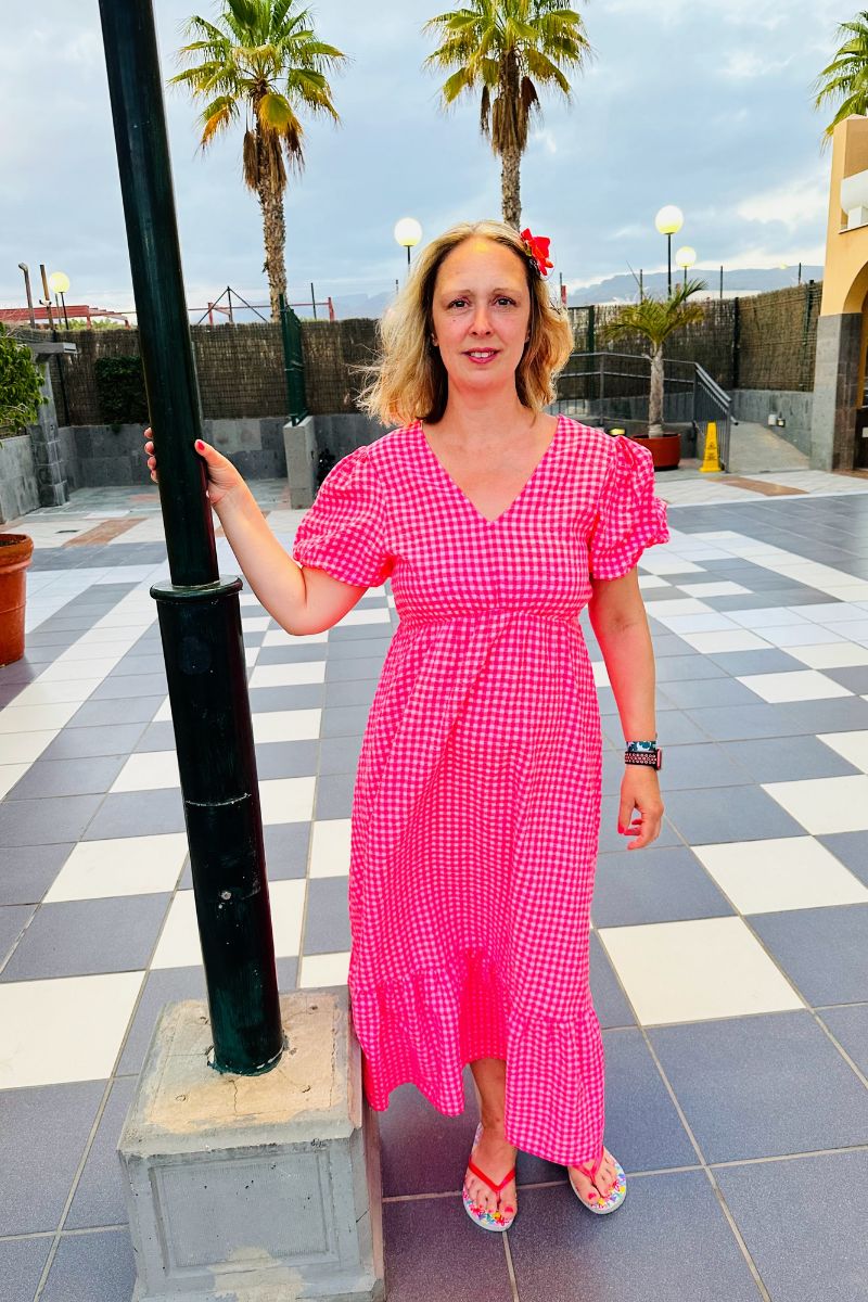 Styling A Bright Pink Gingham Dress With Short Sleeves