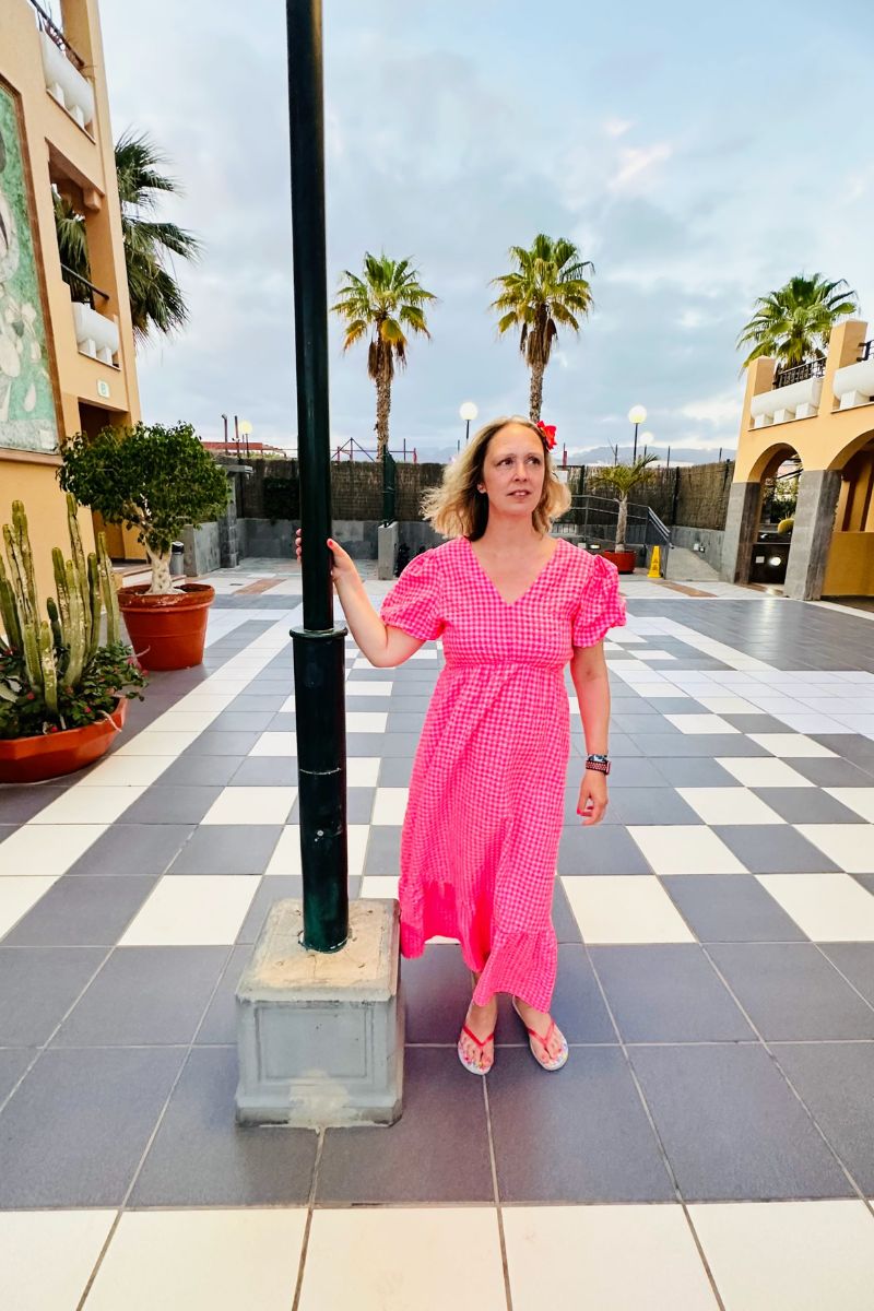 Styling A Bright Pink Gingham Dress With Short Sleeves