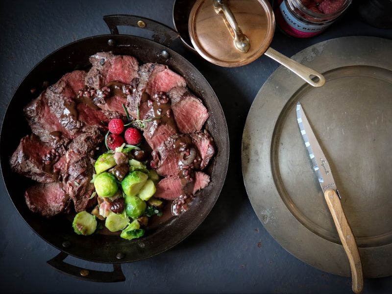 Venison With Raspberry And Bitter Chocolate Sauce And A Boozy Berries Trifle