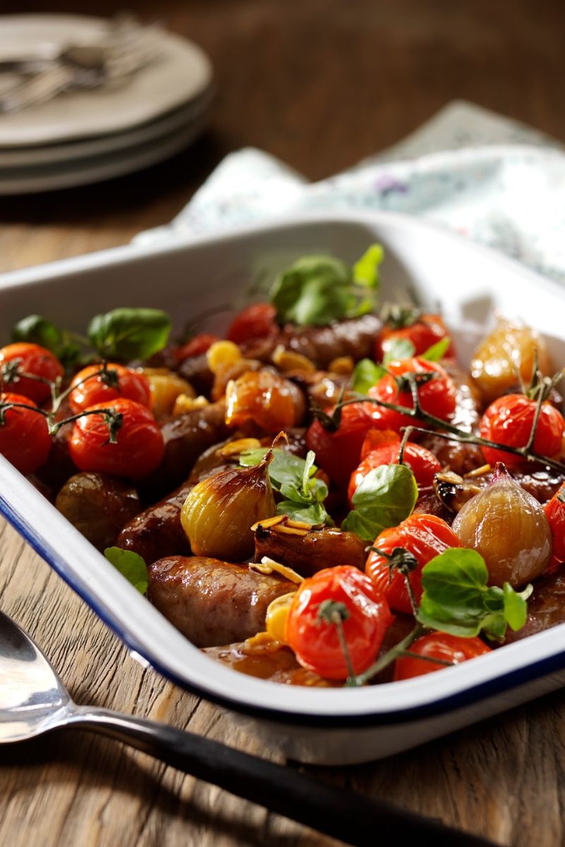 Honey And Soy Glazed Roasted Shallots And Sausages