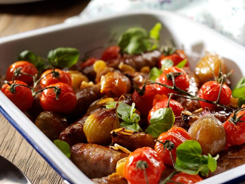 Honey And Soy Glazed Roasted Shallots And Sausages