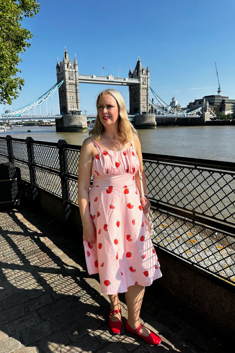 Strawberry Fields Forever: Pink Dress Styling in London's Tower Bridge Area