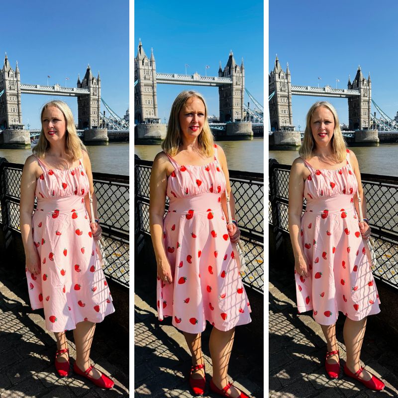 Styling A Pink Strawberry Dress In London Near Tower Bridge