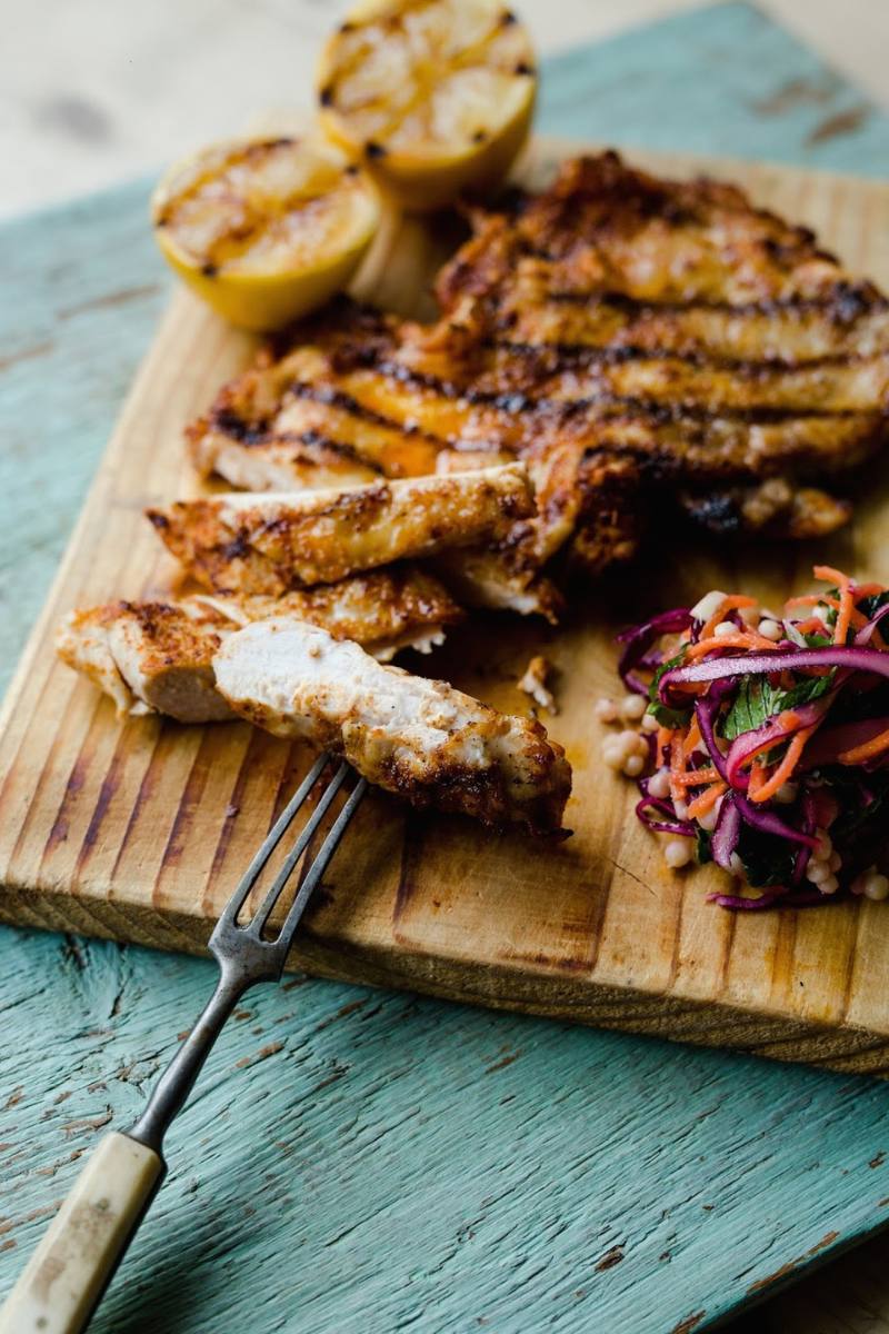 Chargrilled Paprika Lemon Chicken And Pink Coleslaw.