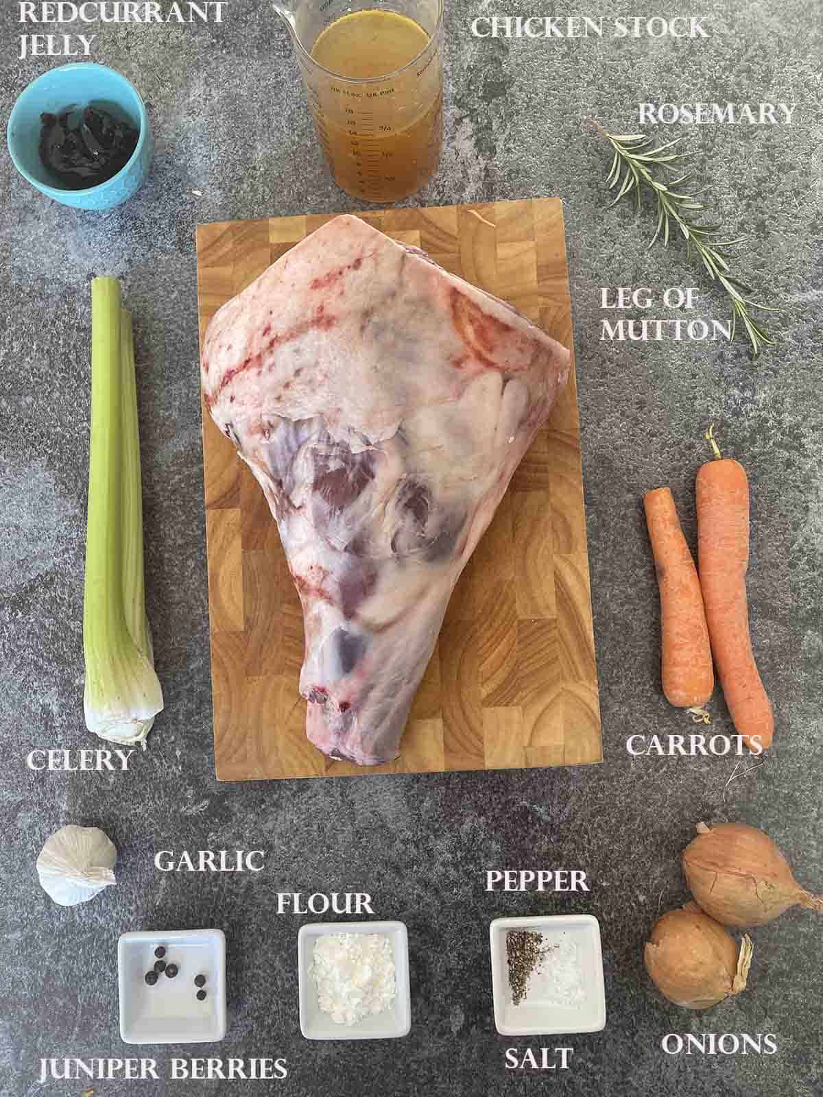 ingredients including leg of mutton, vegetables and stock.